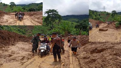 Danramil dan Kapolsek Sumalata Pimpin Penanganan Longsor di Jalan Trans Sulawesi Gorut